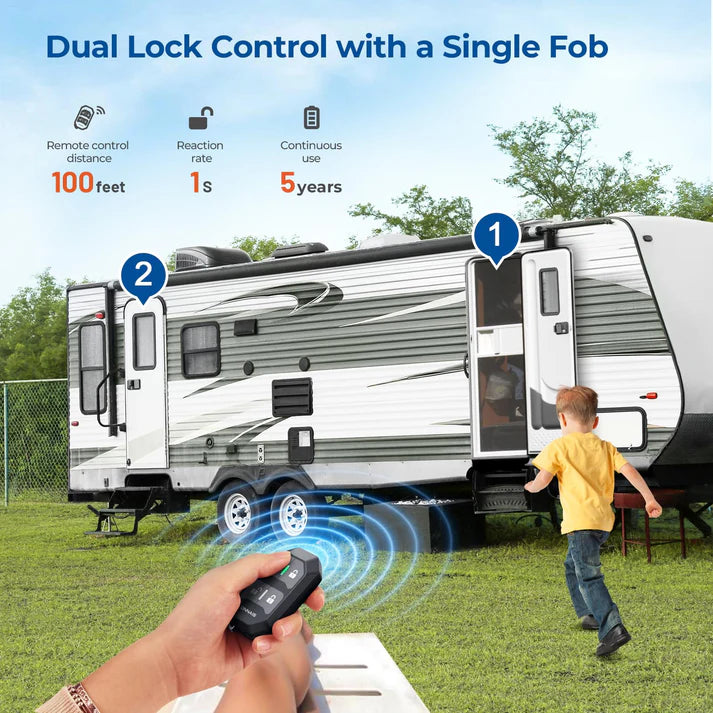 Pro RV Door Lock Keyless Entry Waterproof, 2 Fobs, 1 Control 2 Doors 1